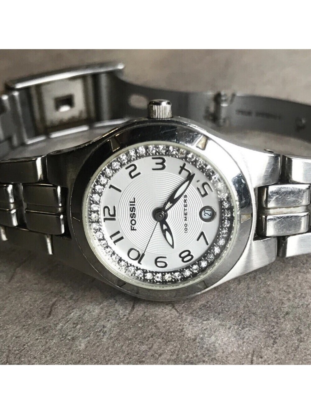 Fossil Womens Watch AM-3982 Silver Dial W/Crystal Accent Bezel-Date WR 100M D5